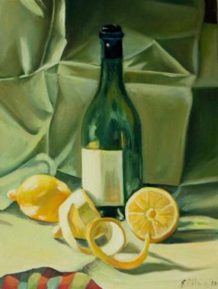 Green bottle and lemons