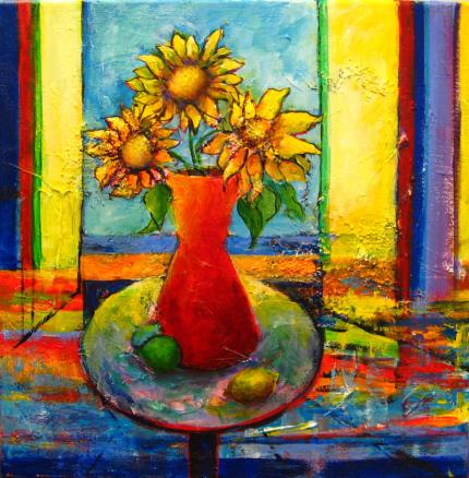 Sunflowers in a Red Vase