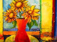 Sunflowers in a Red Vase