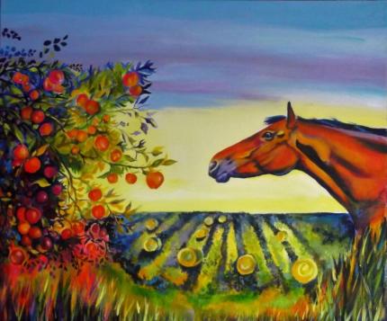 Horse, Apple tree & Hayfield