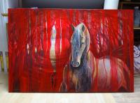 Horse Metamorphosis - a large contemporary red oil painting of beautif
