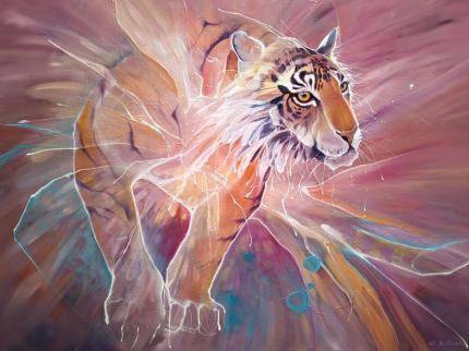 Tiger Materializing is a large semi-abstract oil painting of a tiger