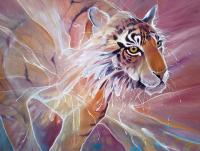 Tiger Materializing is a large semi-abstract oil painting of a tiger