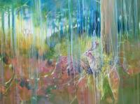 The Song of the Deer is a colourful semi abstract oil painting of a gr