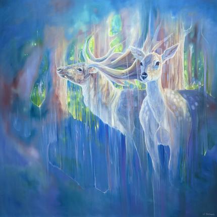 Divine Monarchs is a large semi-abstract wildlife painting of two deer