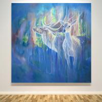 Divine Monarchs is a large semi-abstract wildlife painting of two deer